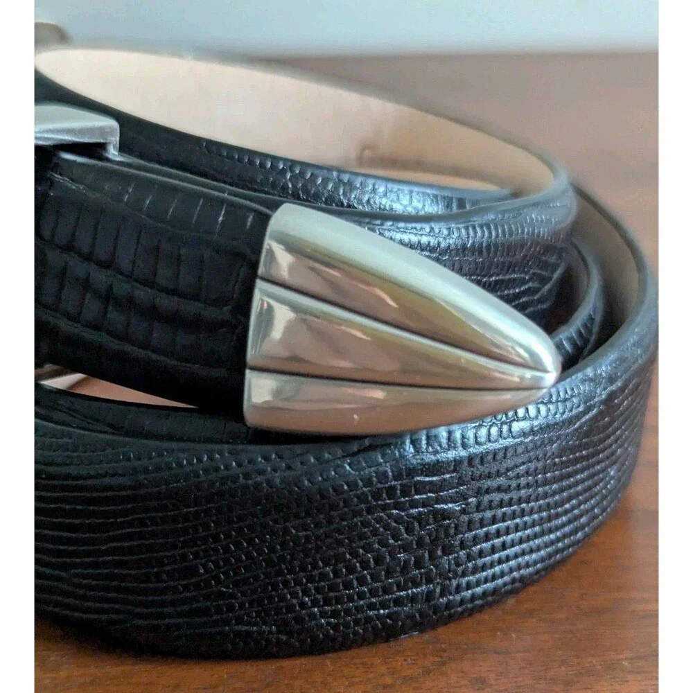 Italian Calfskin Leather Belt Black Men Sz 44 Croc Embossed Silver Southwest NEW